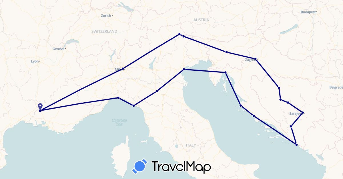 TravelMap itinerary: driving in Bosnia and Herzegovina, France, Croatia, Italy, Slovenia (Europe)